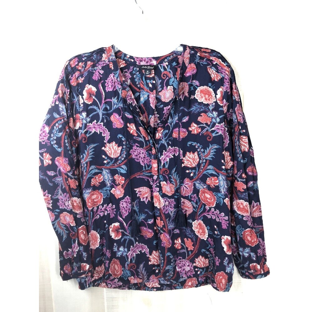 Womens Lucky Brand  Print Boho Blouse Size M Pintuck Tassels